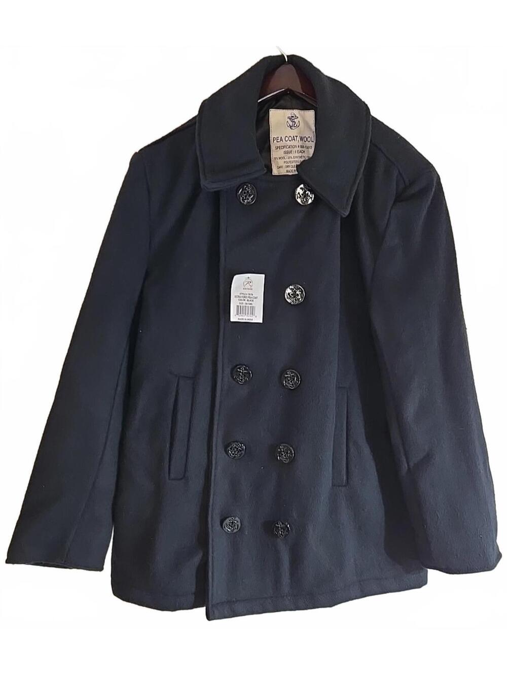 Men's Coat - Wool US Navy Type Pea Coat, Black by Rothco 36SML